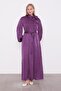 Plum Belt Detailed Satin Kraş Dress