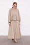 Beige Stripe Lace Detail Skirt Suit