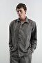 Men's Oversized Effect Velvet Anthracite Shirt - 3