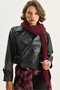 Women's Black Wide Pocket Detailed Belted Oversize Crop Leather Jacket 3129 60284102