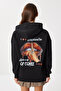 Hooded Printed Oversize Ribbed Knitted Sweatshirt Lfw0011 Black - 7