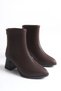 Women's Bitter Brown Leather Heeled Non-Slip Sole Faux Pointed Toe Boots