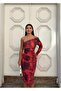Drapeli Lined Tulle Fabric Single Sleeve Slim Fit Patterned Lycra Tulle Pencil Evening Dress 583326 Red - 2