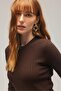 Brown Women's Long Sleeve Crew Neck Ribbed Knit Blouse - 3
