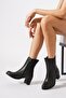 Veron Genuine Leather Side Cut Rubber Women's Heeled Boots Black Skin - 5
