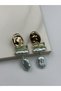 Water Green and Gold Detailed Stone Pearl Dangle Earrings - 3