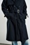 Black Trench Coat with Belt, Double-Breasted Collar and Fleece Inside - 7