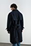 Navy Blue Trench Coat with Belt, Double-Breasted Collar and Fleece Inside - 4