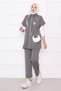 Stone Embroidered Zippered Vest Suit Gray - 4
