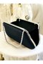 Black Color Glitter Satin Silver and Pearl Detailed Chain Strap Women's Evening Dress Bag Wedding Engagement Graduation - 4