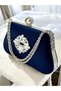 Navy Blue Color Glittery Satin Silver and Pearl Detailed Chain Strap Women's Evening Dress Bag Wedding Engagement Prom - 2