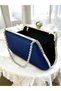 Navy Blue Color Glittery Satin Silver and Pearl Detailed Chain Strap Women's Evening Dress Bag Wedding Engagement - 5