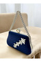 Navy Blue Color Glittery Satin Silver and Pearl Detailed Chain Strap Women Evening Dress Bag Wedding Graduation Prom - 2