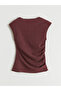 Burgundy Crew Neck Textured Gathered Blouse - 6
