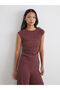Burgundy Crew Neck Textured Gathered Blouse