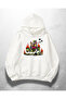 White Unisex Flaming Cat Printed Oversize Hoodie Sweatshirt