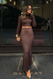 Women's Wrinkled Fabric Sapphire Textured Lycra Crop Top and Maxi Skirt Set Brown Mdm3002 - 3
