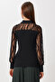 Patterned Tulle Detailed Ribbed Knitted Blouse Len0047 Black - 4