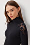 Lace Detailed Ribbed Knitted Blouse Len0049 Black - 2