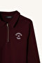 G1312 Burgundy Regular Fit Polo Neck Embroidered Half Zipper Sweatshirt Tunic - 2