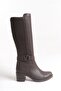 Bitter Brown Leather Look Stretchy Back Flexible Thick Mid-Heeled V Metal Detail Zippered Long Boots - 7