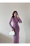 Women's Purple Long Sleeve Skirt Pleated Slit Pleated Maxi Dress - 4