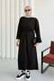 Crew Neck Waist Tied Long Tunic Dress 8904 - Black