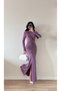 Women's Purple Long Sleeve Skirt Pleated Slit Pleated Maxi Dress - 2