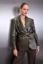 Khaki Belted Double-Breasted Faux Leather Woven Blazer Jacket TWOAW26BC00002 - 2