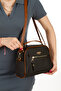 Women's Three-Compartment Crisscross Straps Tan Corded Fabric Black Hand and Shoulder Bag - 3