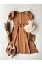 Women's Camel Color Watermelon Sleeve Crepe Midi Length Flared Dress - 5