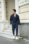 Men's Navy Blue Asymmetrical Leg Wick Patterned Top and Bottom Set - 4