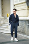 Men's Navy Blue Asymmetrical Leg Wick Patterned Top and Bottom Set
