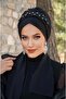 Black Stone Embroidered Evening Dress with Scarf Bonnet - 3