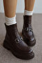 Melodi Genuine Leather Front Buckle Detailed Zippered Boots - Bitter Brown - 7