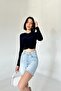 Women's High Waist Buttoned Ice Blue Mini Denim Shorts - 2