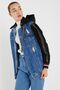Women's Garnished Stoned Hooded Black Loose Denim Jacket - 4