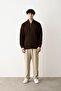 Zippered Brown Stand Collar Basic Oversize Sweater - 3