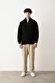 Zippered Black Stand Collar Basic Oversize Sweater - 3