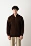 Zippered Brown Stand Collar Basic Oversize Sweater
