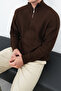 Zippered Brown Stand Collar Basic Oversize Sweater - 8