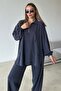 Premium Knitted Fabric Tunic Pants Set with Zipper Detail at the Collar Indigo 9375-Tk - 3