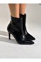 Black Leather Short Pointed Heeled Boots - 5