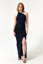 Women's Navy Blue One-Shoulder, Backless, Slit Long Evening Dress