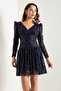 Women's Navy Blue Slim Fit Long Sleeve Sequin Mini Evening Dress - 2