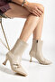 Women's Beige Cream Buckle Pointed Toe Thin Heel Boots - 2