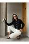 Women's Black Soft Textured Cardigan with Stone Button Detail 5559 - 3
