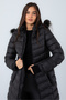 Women's Black Long Puffer Coat with Hood and Fur-Trim - 4