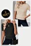 2 Pieces Short Sleeve Lycra Crew Neck Blouse Black Mink
