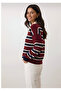 Women's Striped Polo Neck Knit Sweatshirt - 3